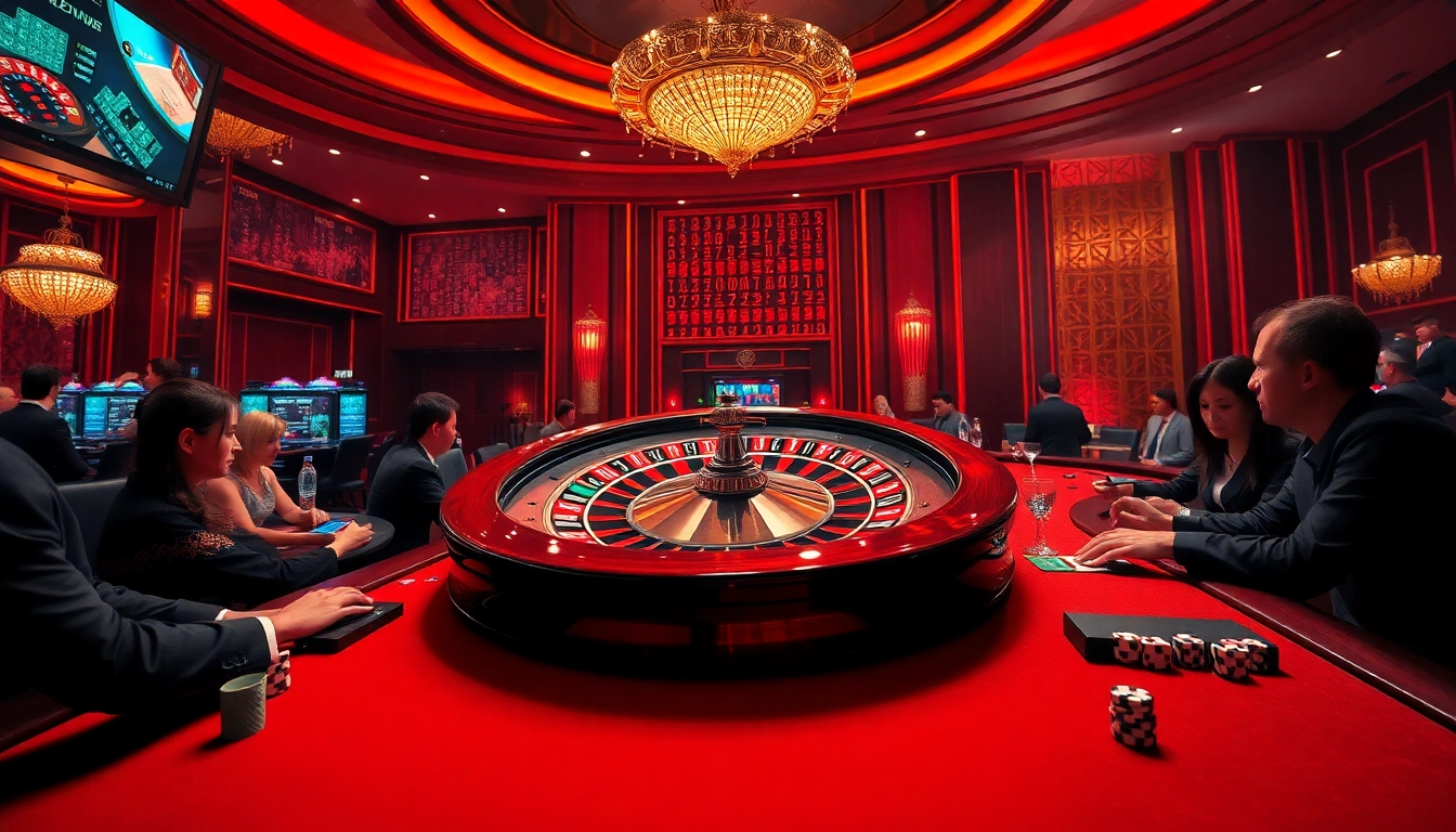 Experience the excitement at https://v188v.net/ with players engaged at a roulette table in a luxurious casino setting.