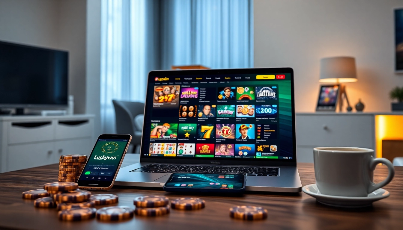 Explore online gambling at https://luckywin.name with a modern, vibrant interface featuring various games and a luxurious setup.