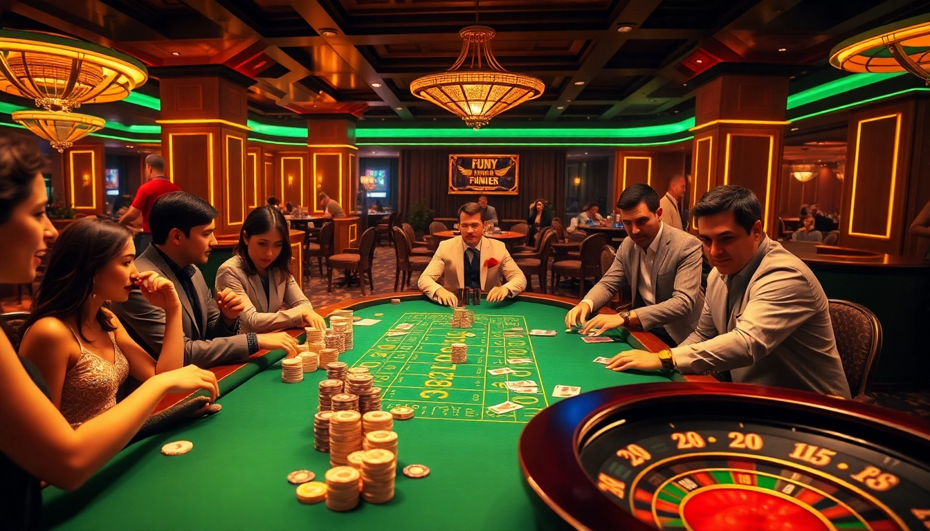 Experience the excitement of FUN79 with a vibrant poker scene showcasing players and classic casino elements.