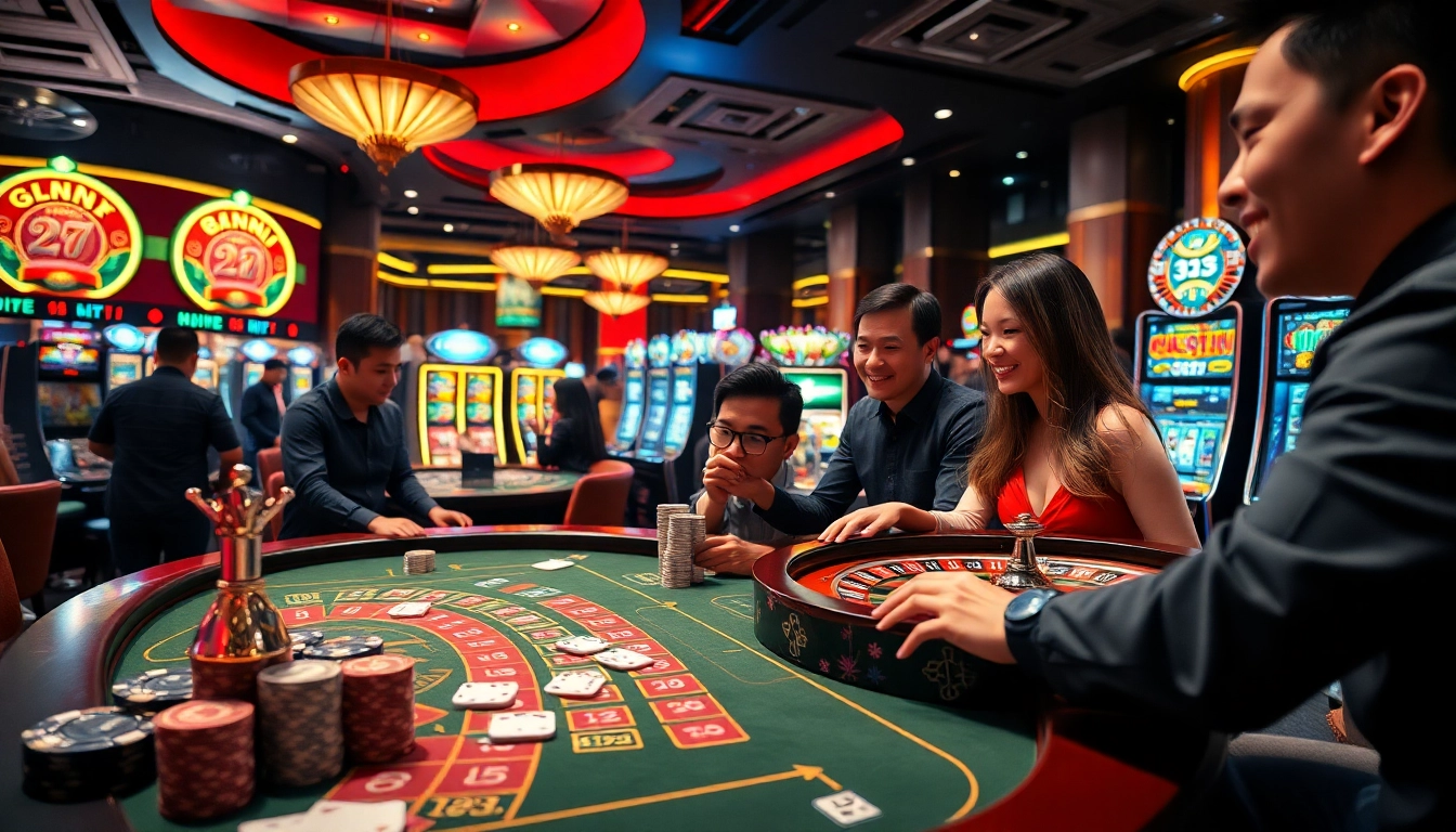 Engaging gamblers experience excitement at nhà cái XX88 with vibrant casino tables and slot machines.