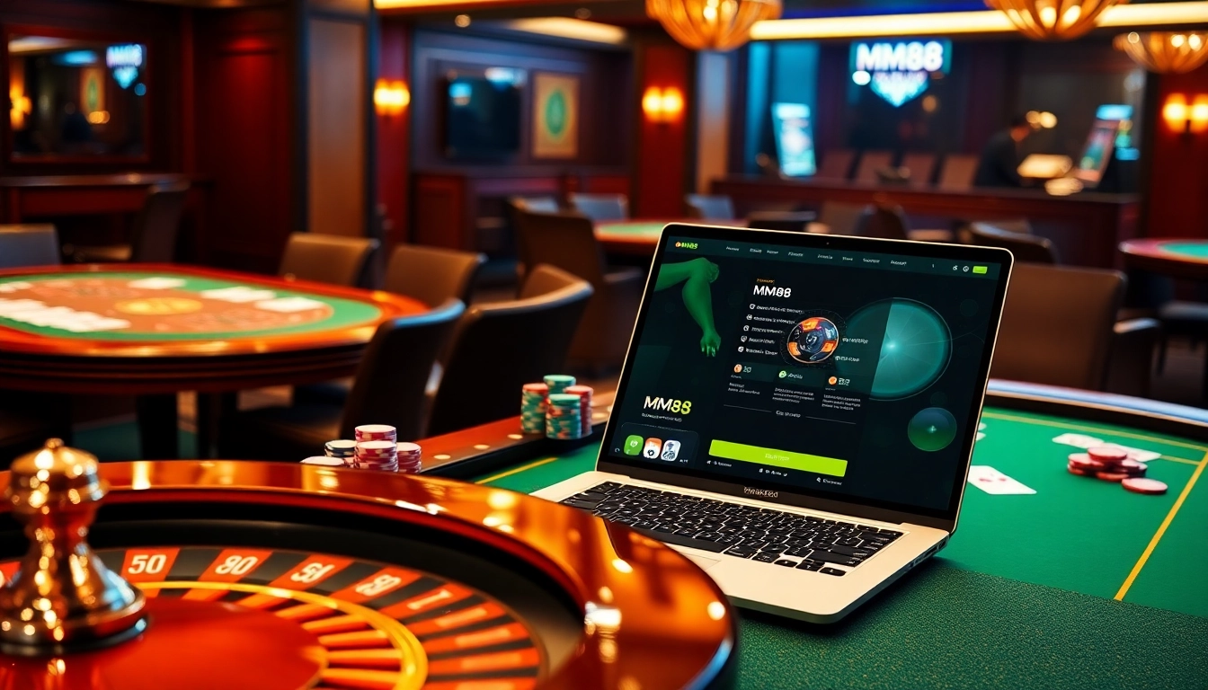 MM88 casino atmosphere featuring poker chips and cards in a luxurious setting.