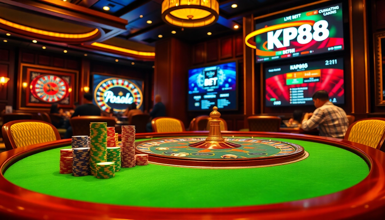 Engaging KP88 bet scene with vibrant poker table, dynamic roulette wheel, and active bets display.