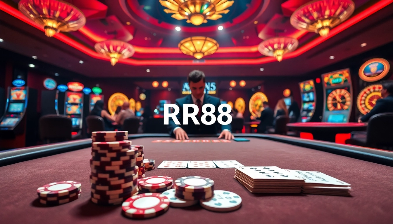 Experience the thrill of RR88 gaming with a vibrant casino scene featuring high-stakes poker and exciting slot machines.