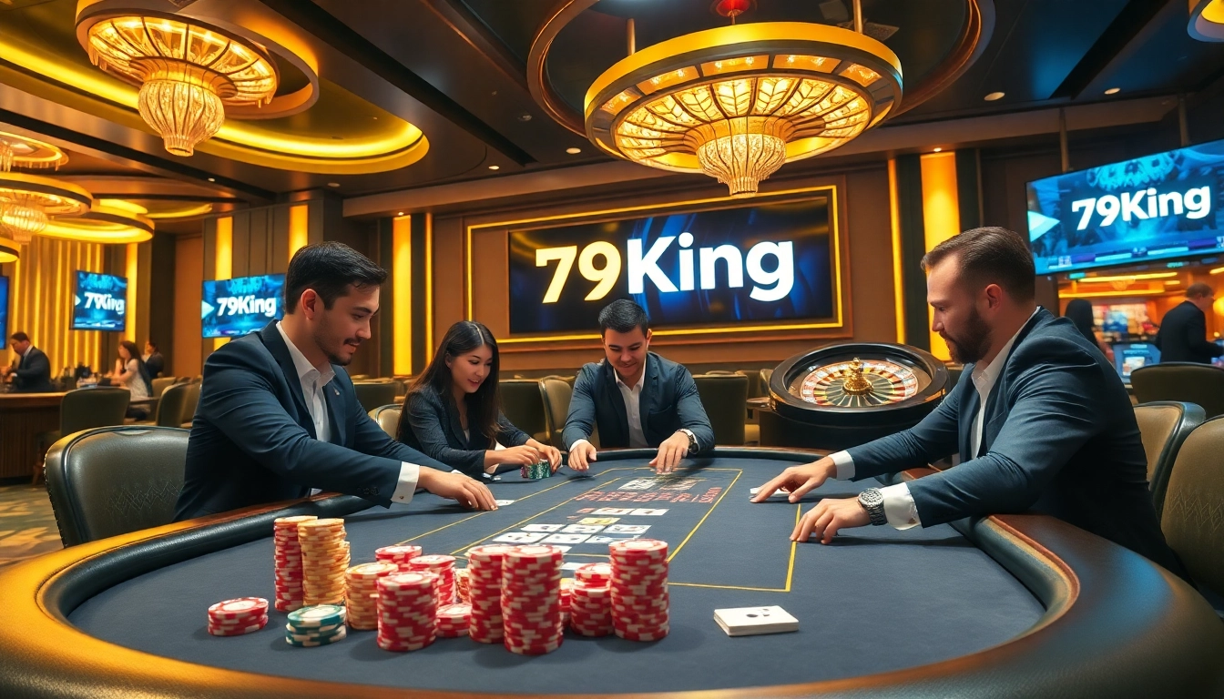 Exciting poker action at 79King casino with professional players and vibrant chips.