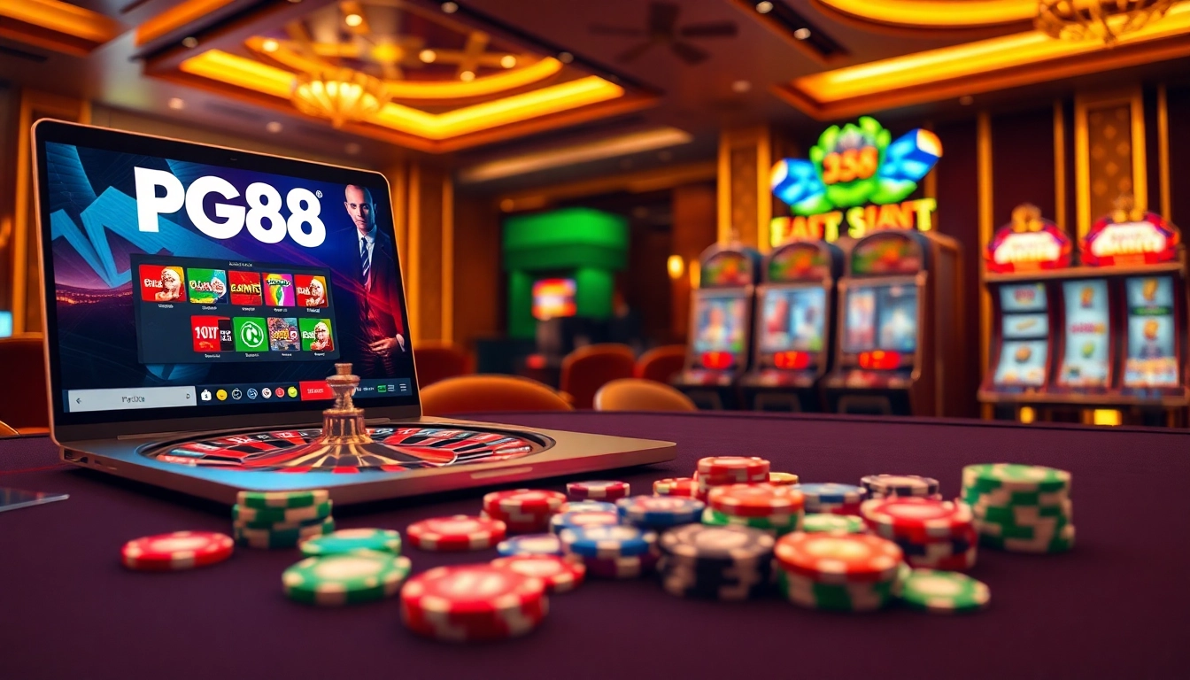 Experience the excitement of pg88 online gambling with vibrant casino elements like poker chips and a roulette wheel.