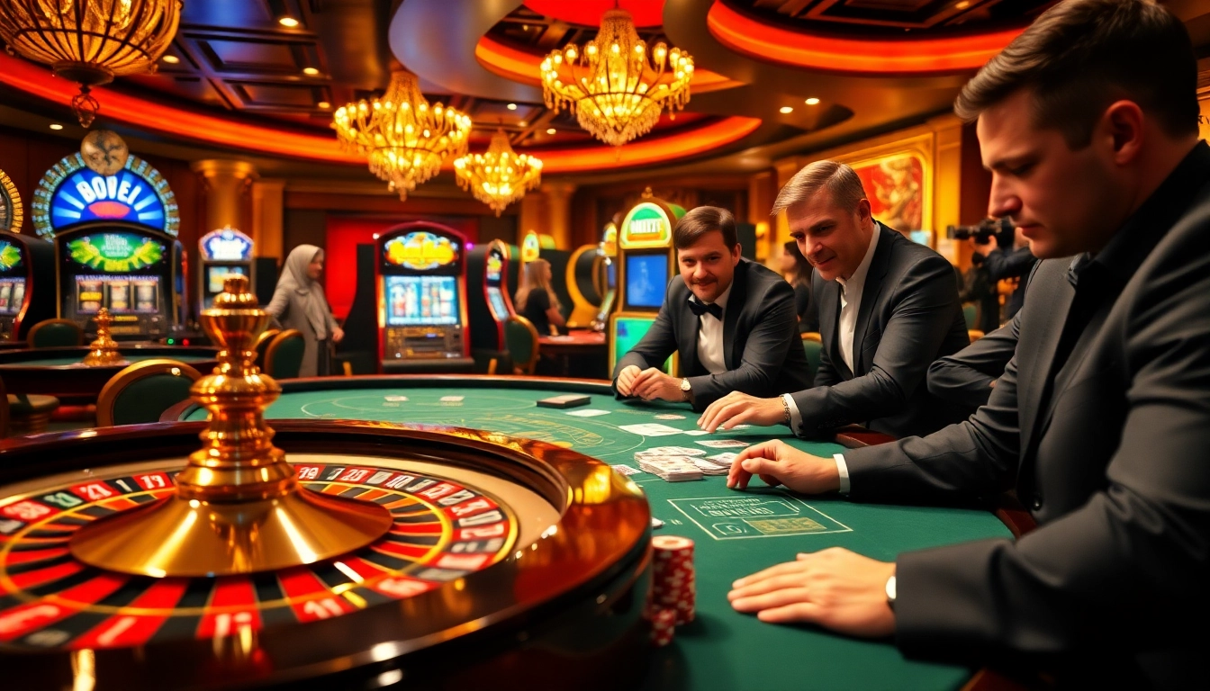 Engaging players vying for victory in goo88's luxurious casino ambiance with poker chips and cards.