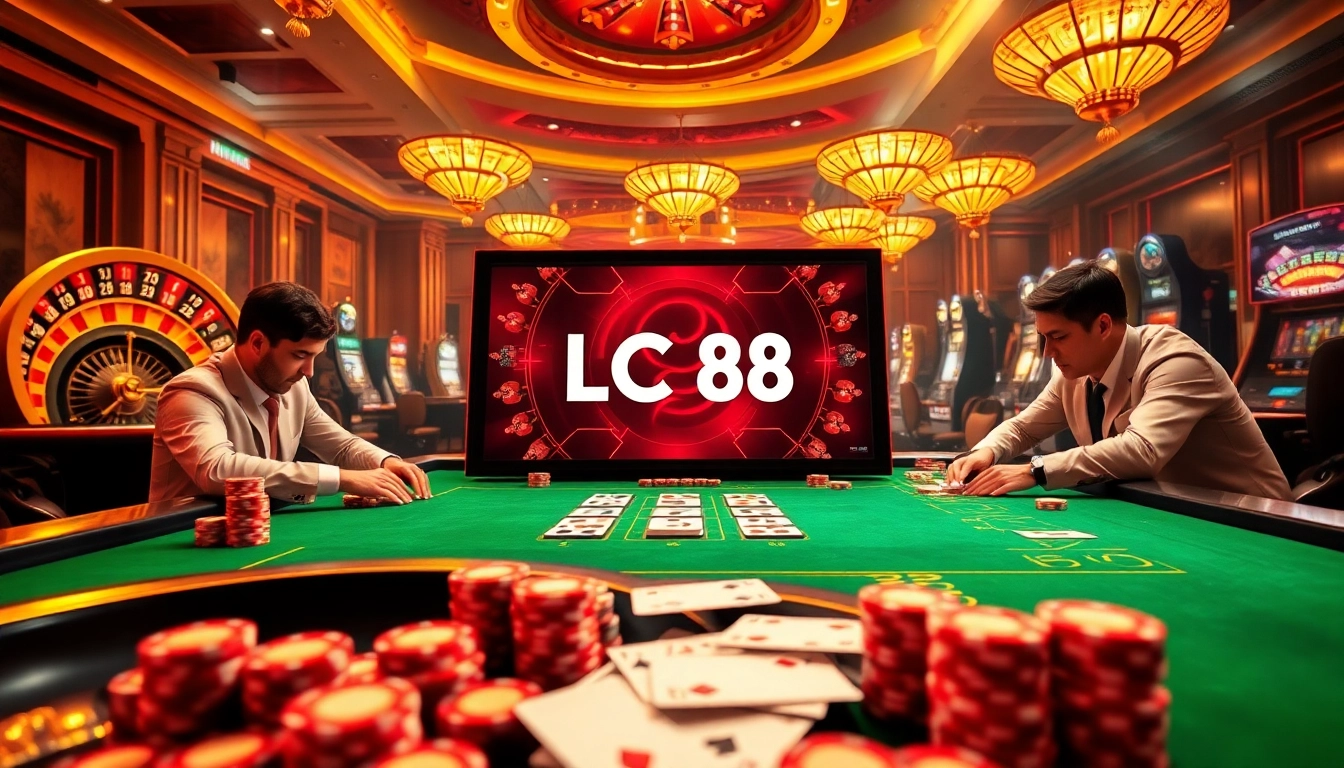 Exciting casino action at LC 88 with players engaged in poker and vibrant gaming tables