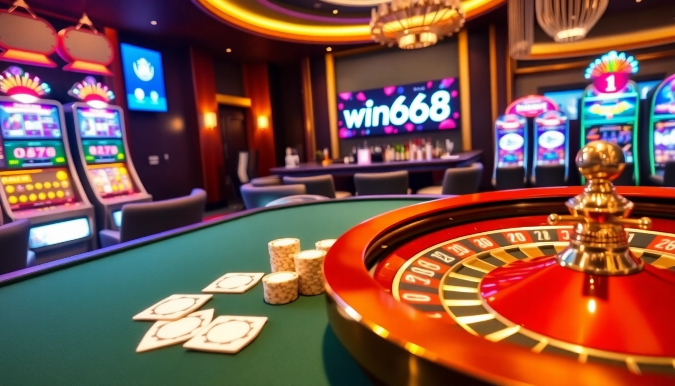 Experience excitement at win678 with a luxurious casino setting featuring poker tables and roulette.