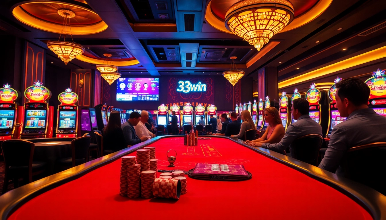33win online gaming room with stylish casino tables and vibrant slot machines.
