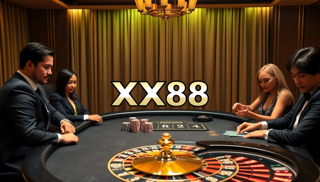 Players enjoying high-stakes poker at XX88, showcasing luxury and excitement in gambling.