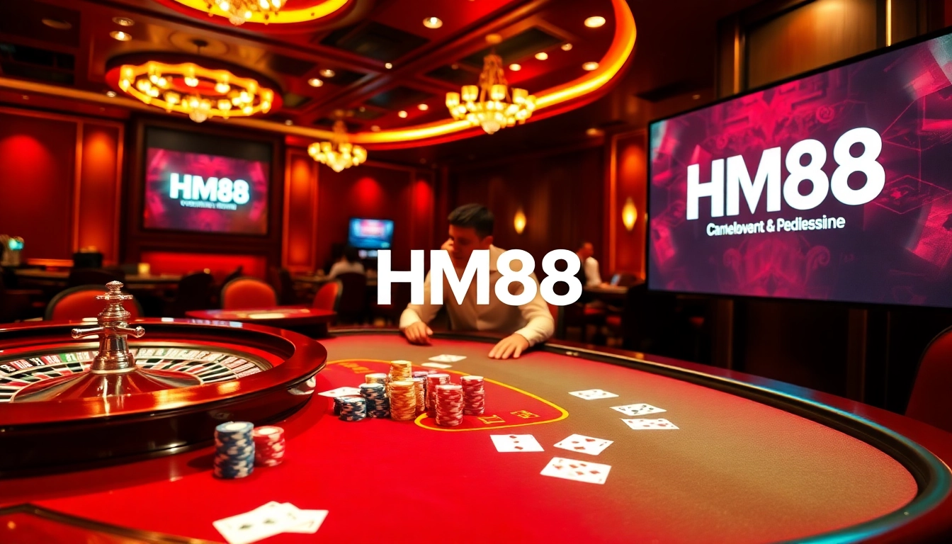 Engaged players at a poker table with the HM88 logo in a luxurious casino setting.