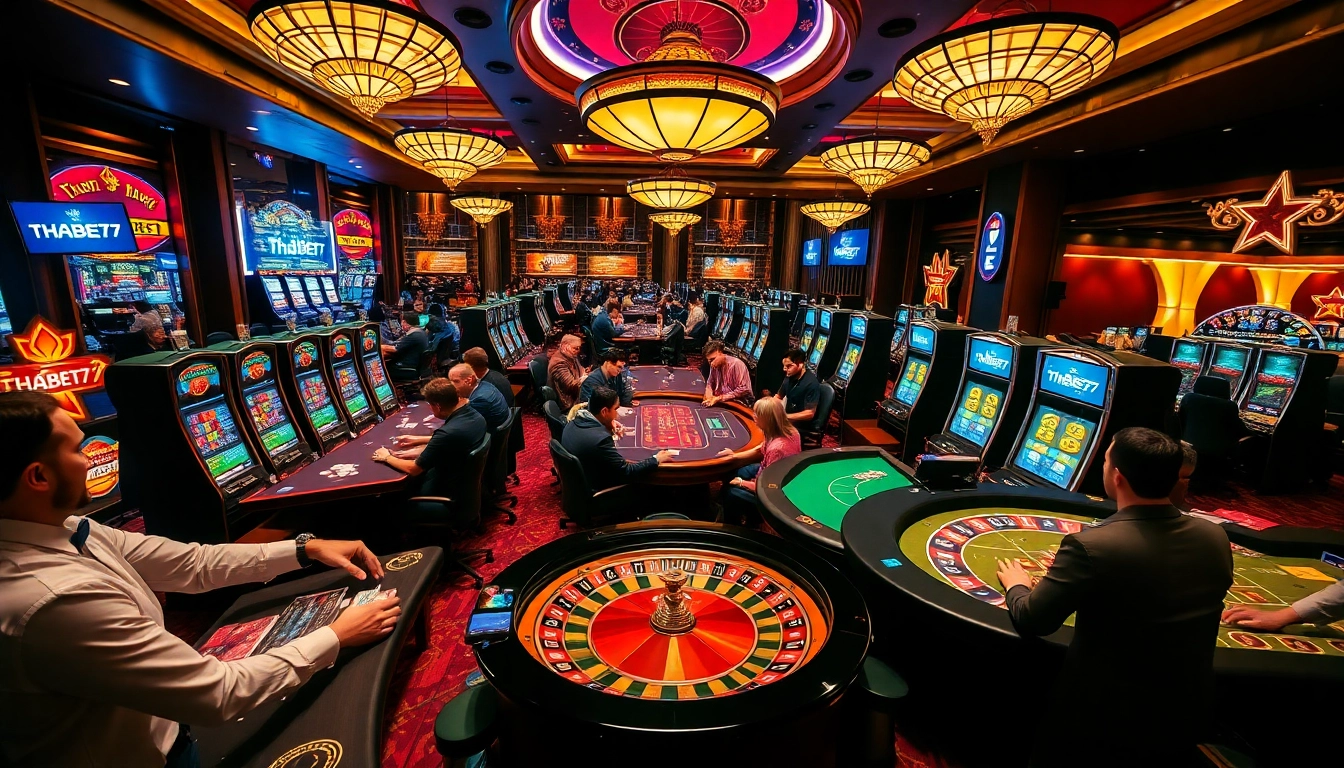 Thrilling casino action at thabet77 featuring poker tables, roulette, and vibrant gaming atmosphere.