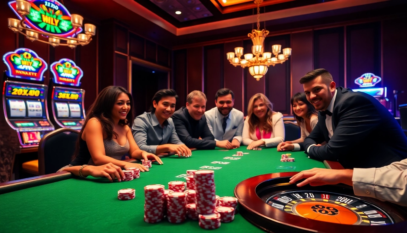 NK88 players enjoying a thrilling poker game in a luxurious casino ambiance.