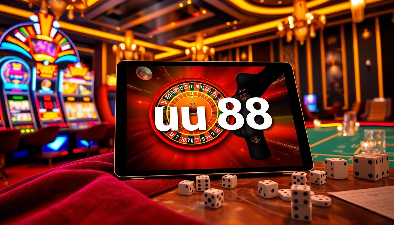 Engaging online gambling experience at uu88 featuring poker chips, roulette wheel, and vibrant slot machines.