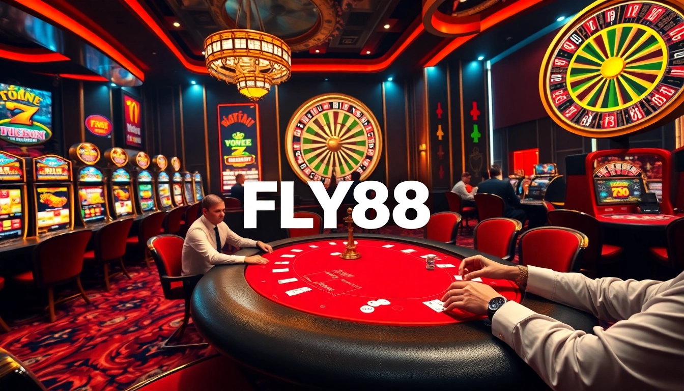 Experience excitement at nhà cái FLY88 with vibrant casino scenes of poker tables and roulette wheels.