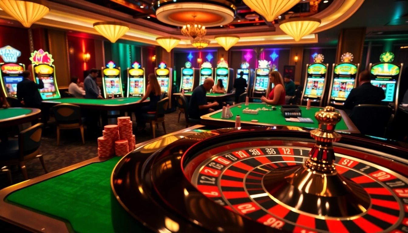 Players enjoying excitement at u888hv.com with roulette and poker games in a vibrant casino setting.