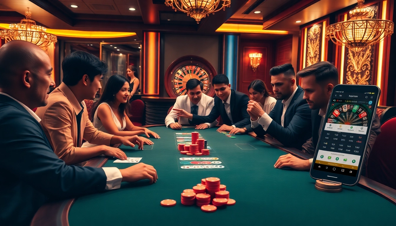 K8bet table scene with players engaged in high-stakes poker and an elegant roulette wheel.