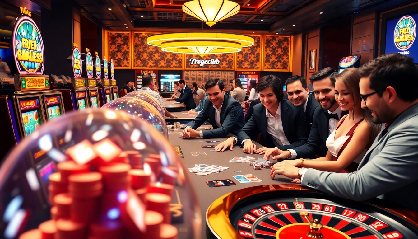 A thrilling scene of players enjoying games at 789club, featuring vibrant slot machines and poker tables.