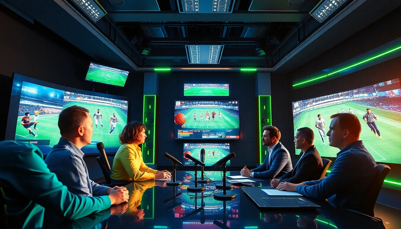 Về chúng tôi - Cakhia TV's dynamic sports studio showcasing professionals discussing live football coverage.