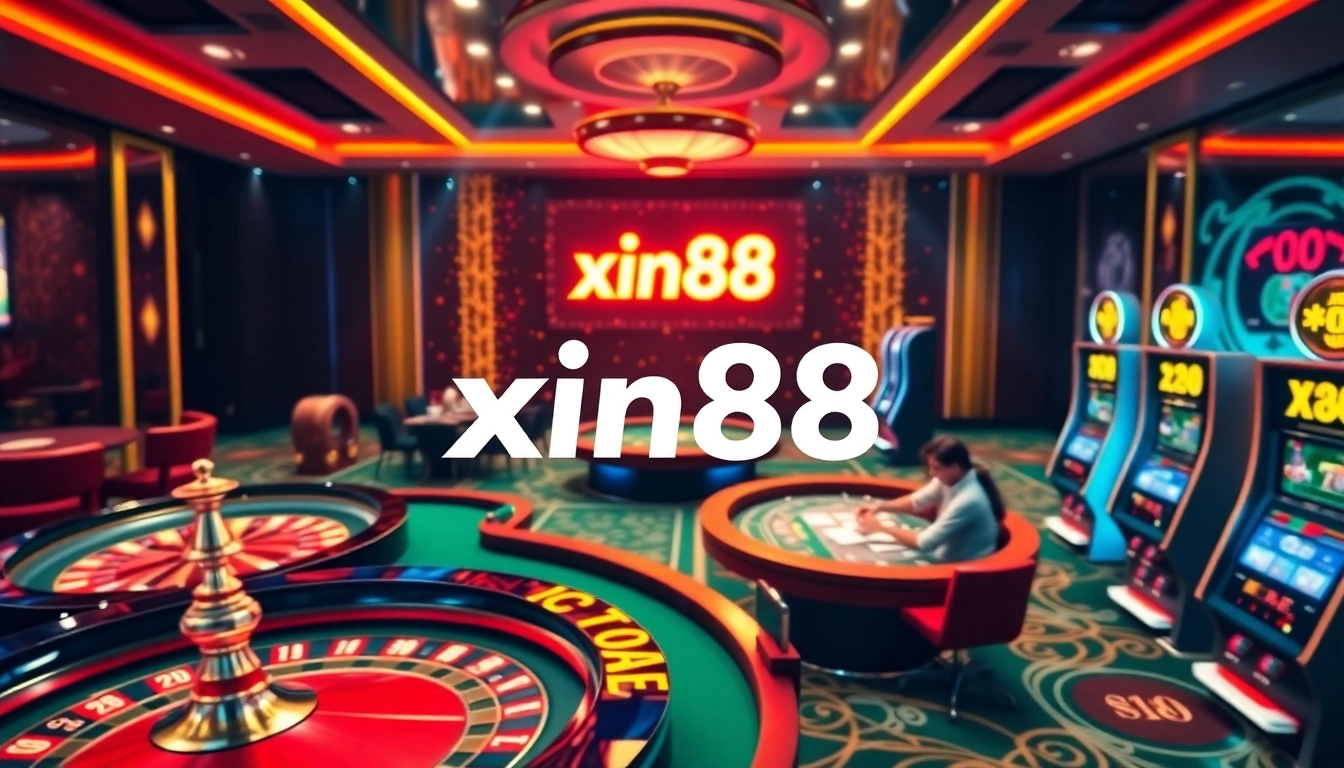 XIN88 online casino featuring vibrant tables and slot machines, showcasing an exciting gambling experience.