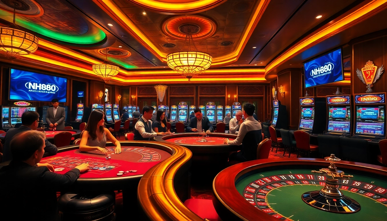 NH88 players enjoying high-stakes poker at a luxurious casino table filled with chips and cards.