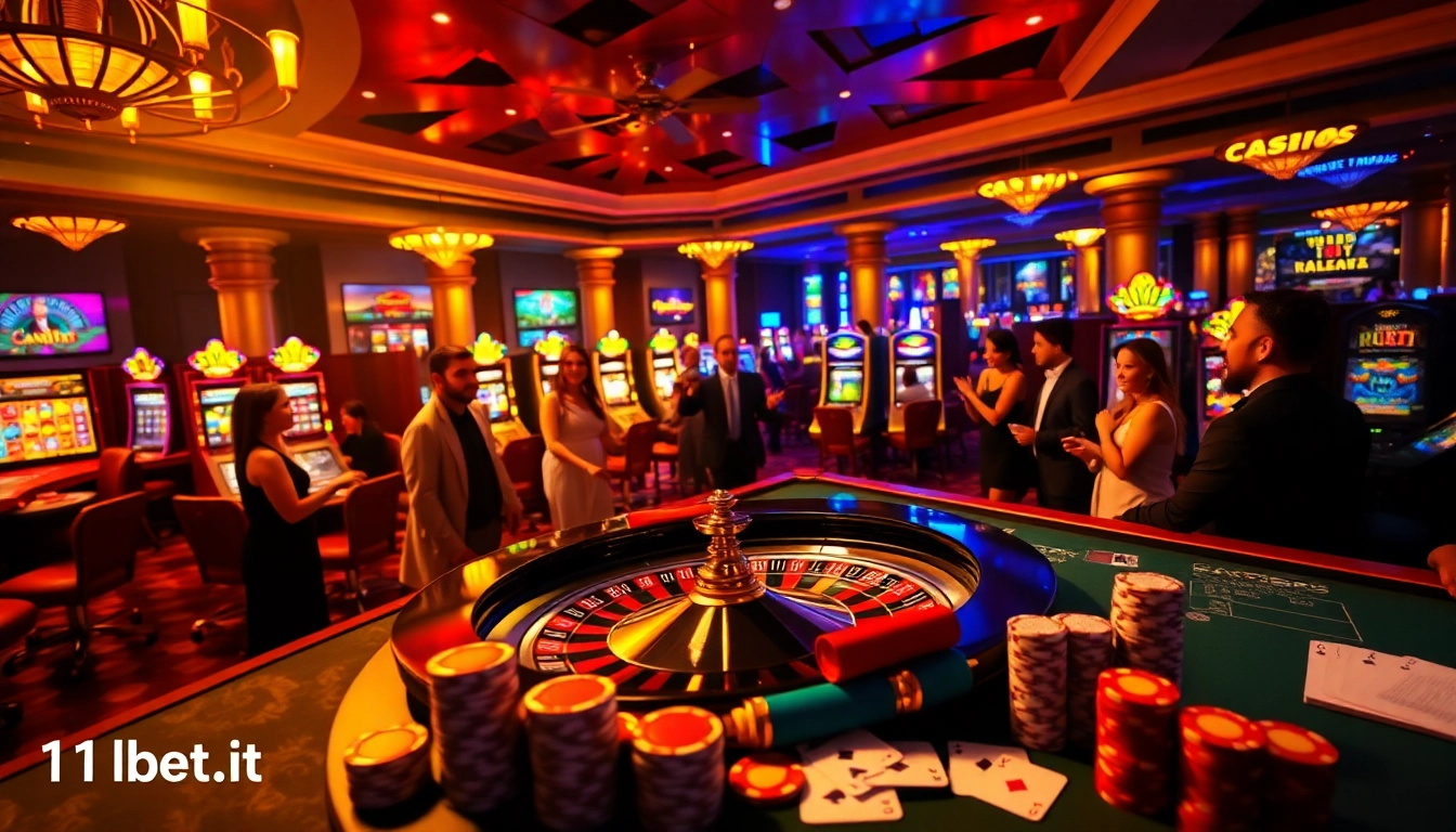A dynamic gaming scene at 11bett.it.com showcasing players engaging at a roulette table in a luxurious casino setting.