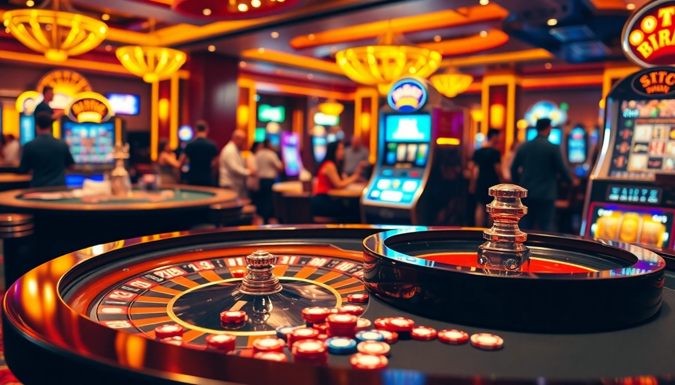 Experience sc88 uy tín with a vibrant casino scene showcasing roulette and slot machines.