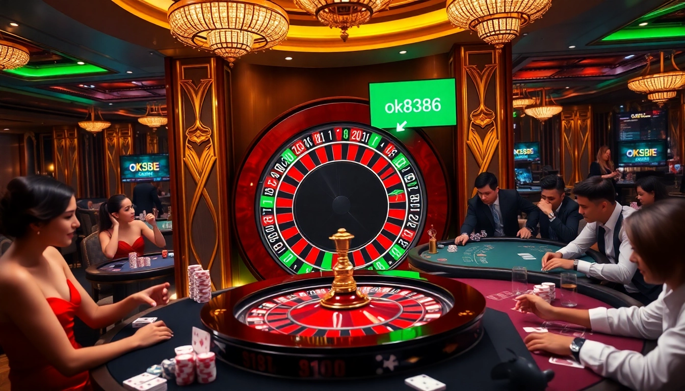 Experience the excitement of game ok8386 at a luxurious casino table with roulette and poker action.