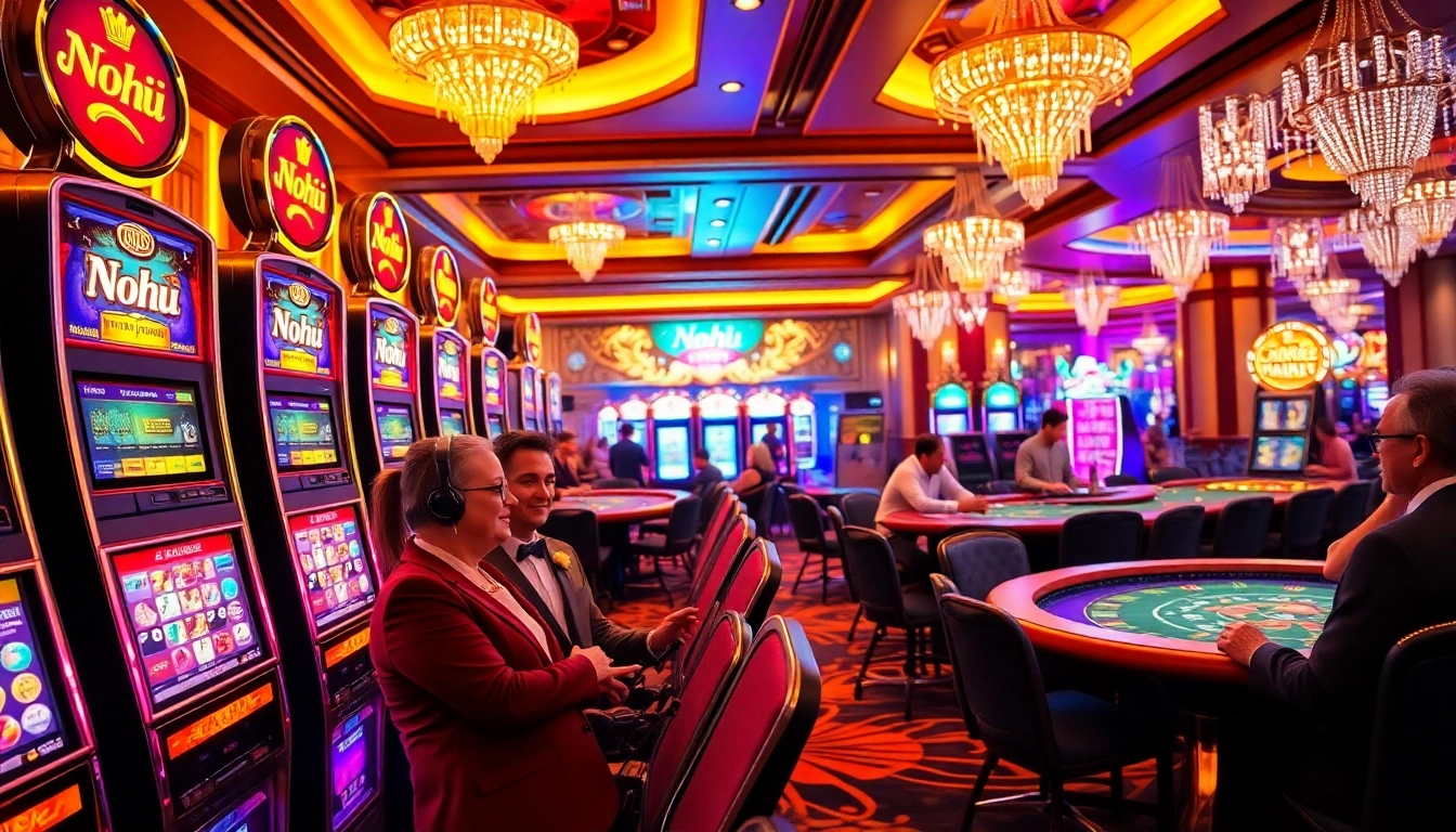 Players enjoy engaging Nohu slot games in a vibrant casino atmosphere, showcasing colorful machines and tables.