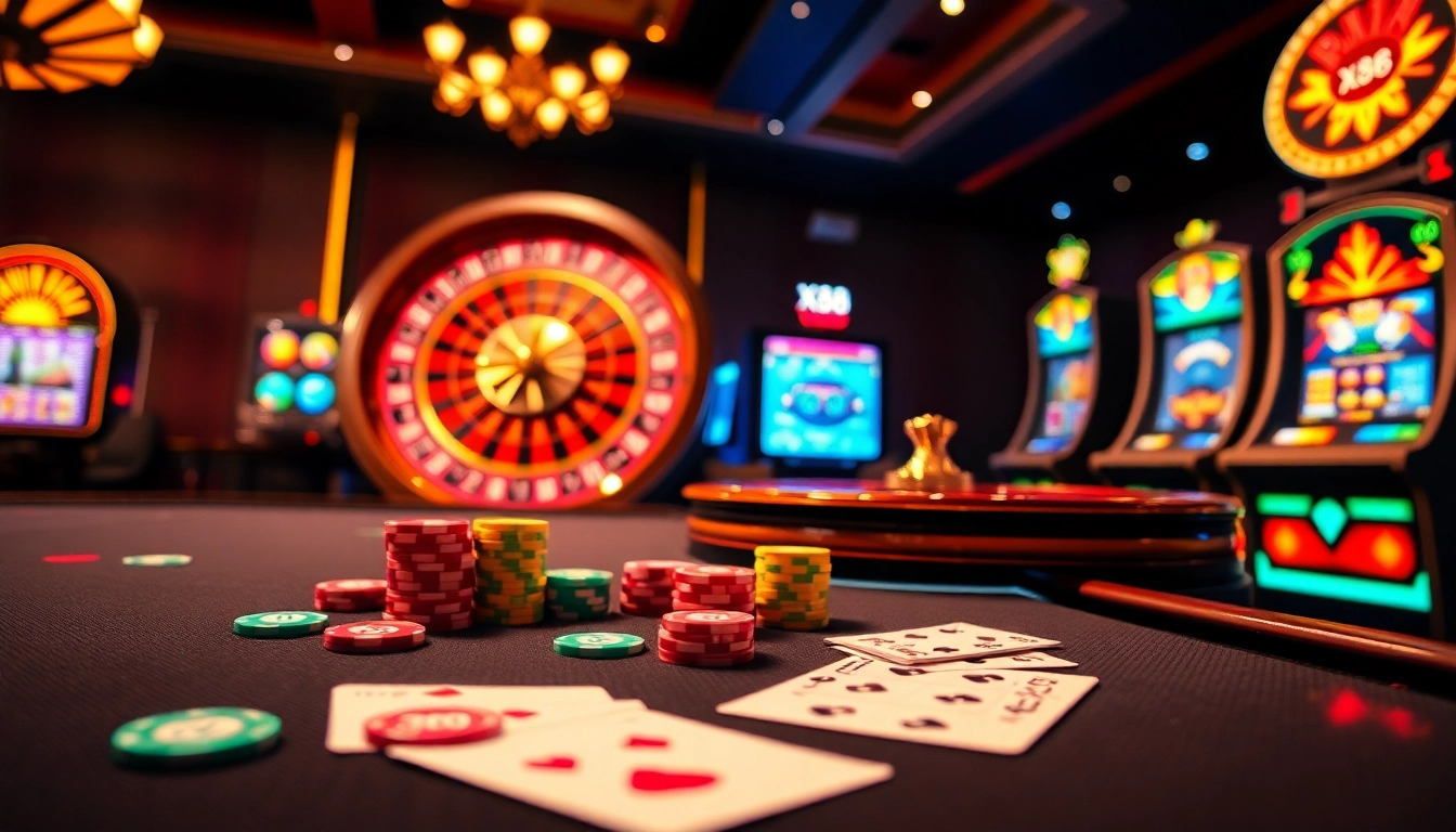 X88 players engage with poker cards and vibrant casino tables in a luxury setting.