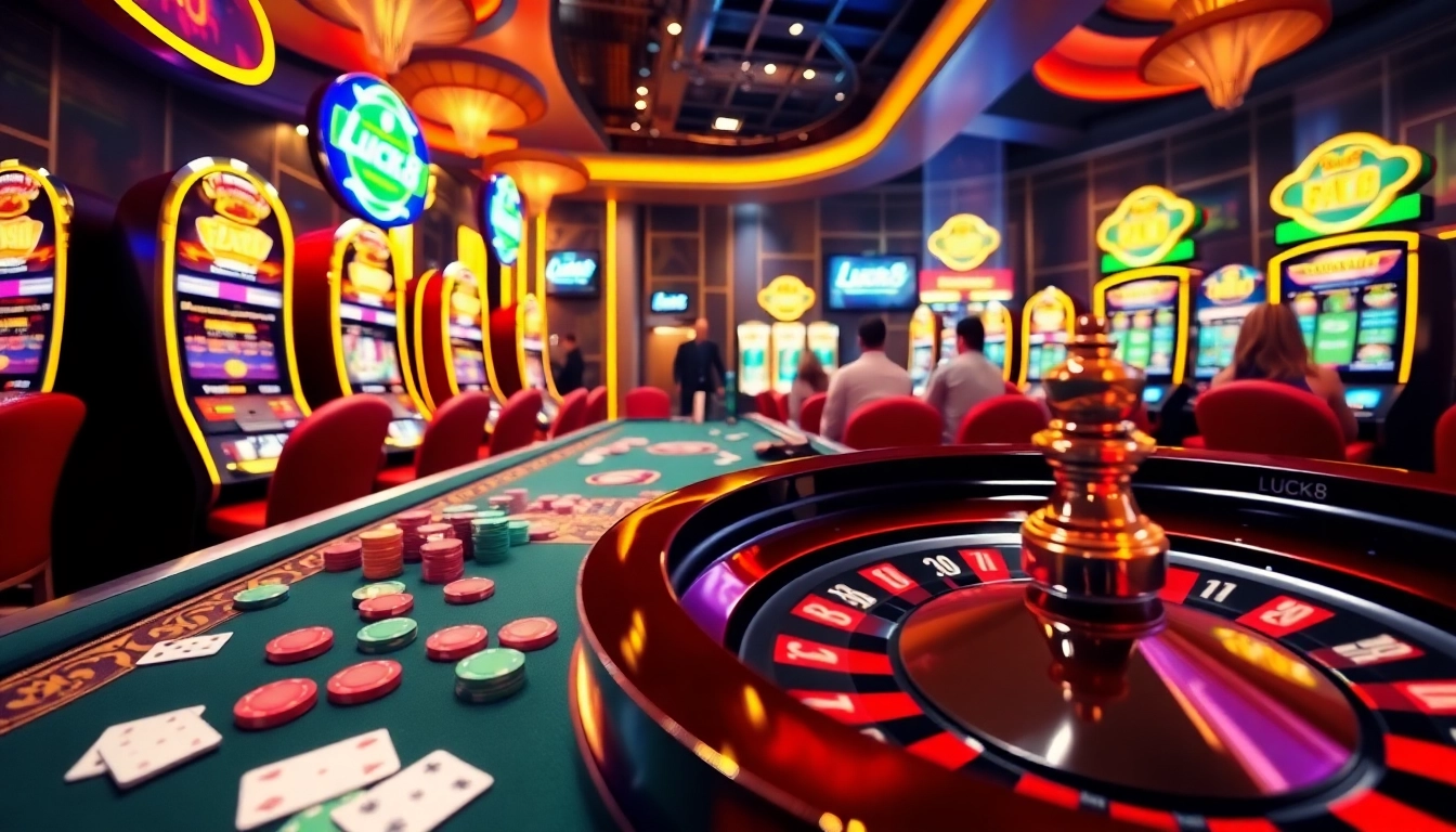 Experience the thrill of gambling at LUCK8, showcasing an exciting casino scene with vibrant gaming elements.