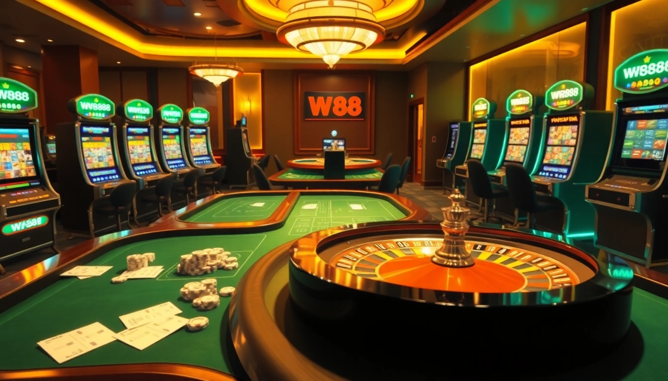WW88's dynamic online gambling atmosphere with poker chips and slot machines in a luxurious casino setting.