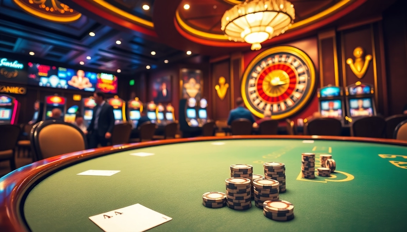 Gamblers enjoy a high-stakes poker game at ev88vip, surrounded by vibrant slot machines and an elegant roulette wheel.