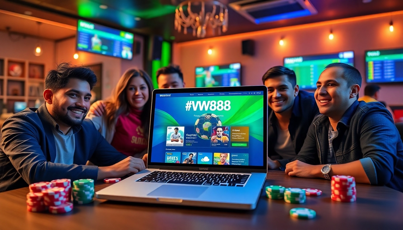 Link vào WW88 displayed on a vibrant online betting platform with diverse friends celebrating.