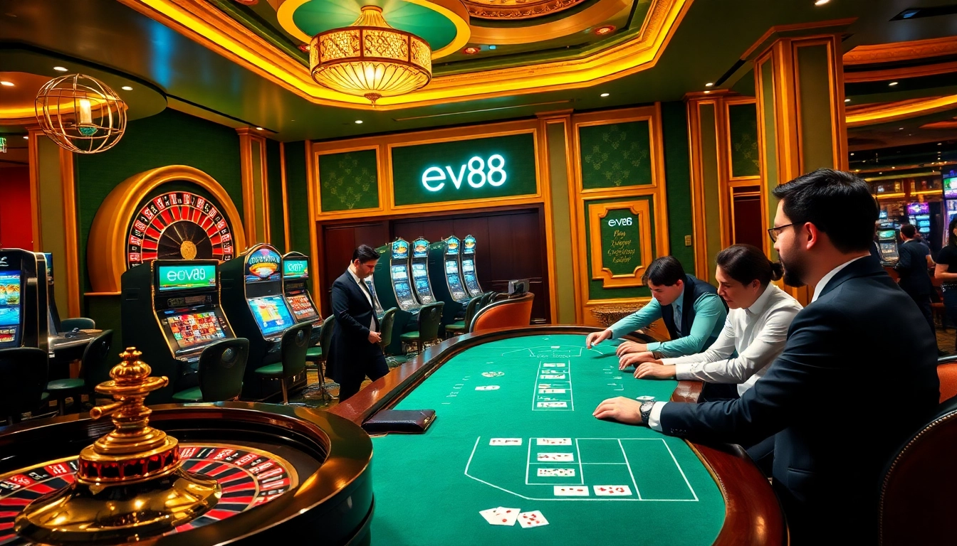 Experience thrilling gameplay at ev88 in a luxurious casino setting with poker and roulette.