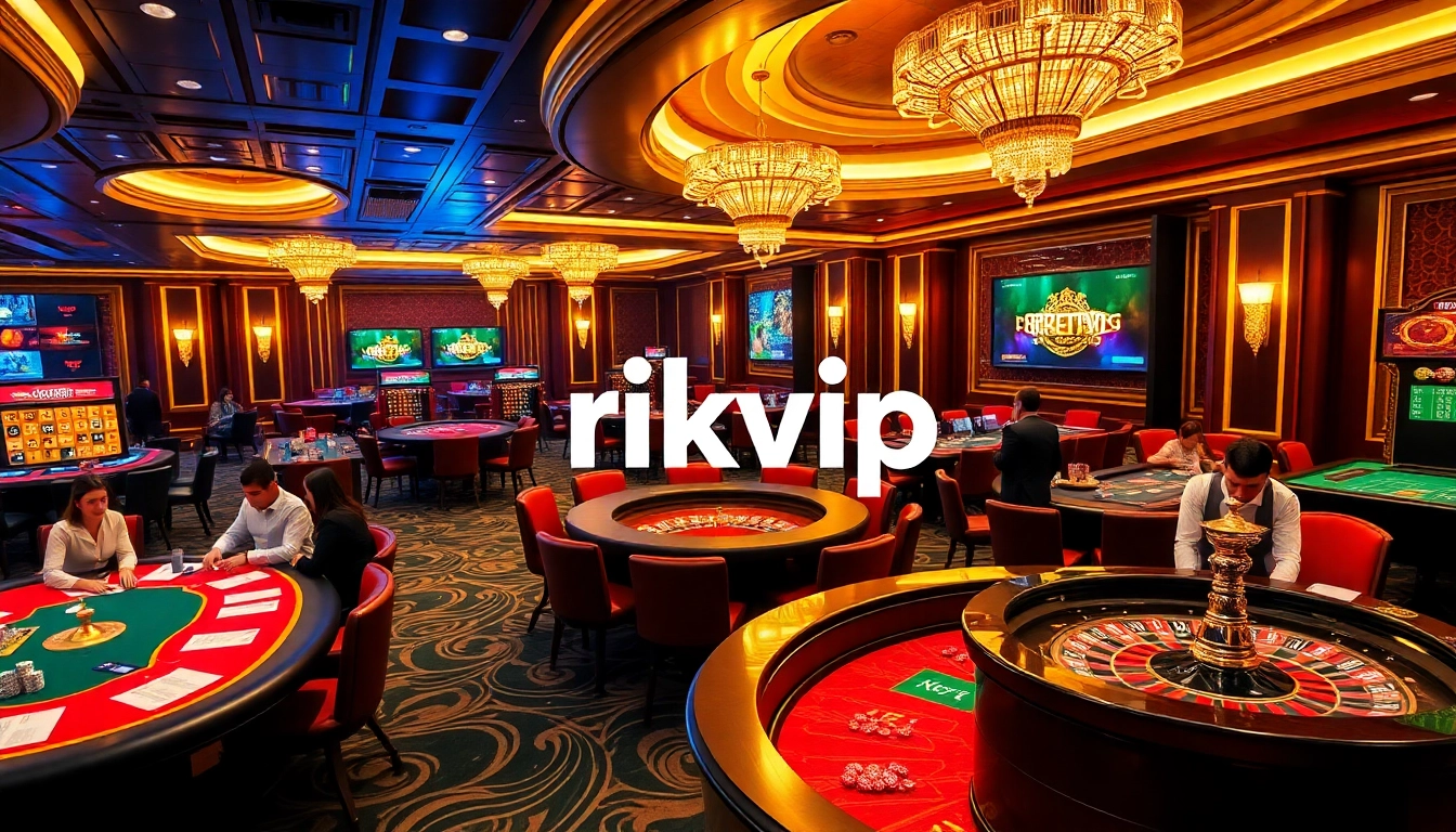 Experience the ultimate gambling adventure with rikvip at an upscale casino showcasing poker tables and roulette.