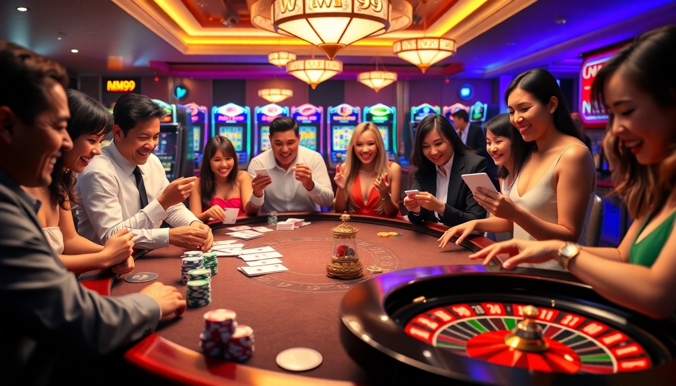 MM99 casino table action with vibrant poker chips and excited players in a luxurious setting.