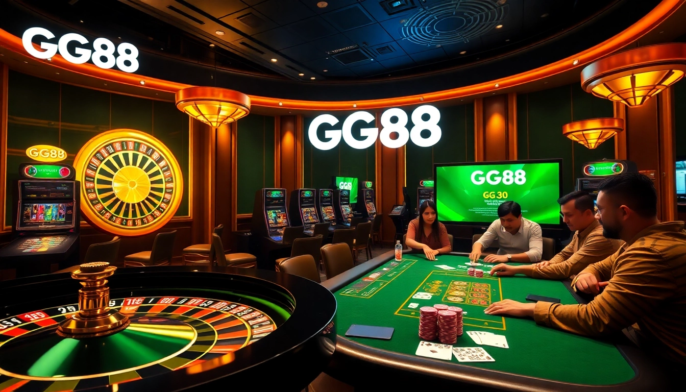 Experience the thrill of online gambling at GG88 with vibrant casino visuals showcasing gaming action.