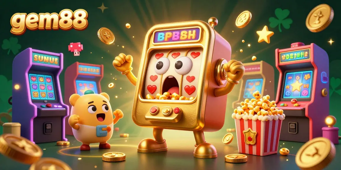 Experience the excitement of gem88 as a golden slot machine hits the jackpot amidst cheering baby machines.